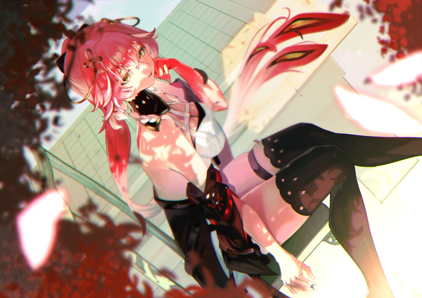 1girl bare_shoulders black_collar black_jacket black_sleeves black_thighhighs braid breasts changli_(wuthering_waves) cleavage collar colored_extremities commentary detached_sleeves dutch_angle feather_hair hair_extensions hair_ornament highres jacket kyo_no_neko large_breasts long_hair looking_at_viewer pink_hair red_hands ring_hair_extensions short_sleeves sitting smile solo thigh_strap thighhighs thighs twin_braids very_long_hair white_hair wuthering_waves yellow_eyes