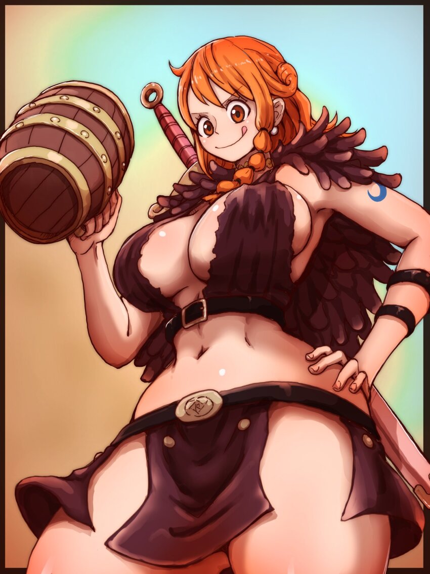 1girl alternate_costume arm_strap beer_mug breasts capelet cleavage crop_top cup cutterhappa fur_capelet hand_on_own_hip highres large_breasts looking_at_viewer mug nami_(one_piece) nami_(one_piece)_(elbaf) navel official_alternate_costume one_piece orange_eyes orange_hair shoulder_tattoo sideboob skirt smile solo sword sword_behind_back tattoo thick_thighs thighs tongue viking weapon wide_hips