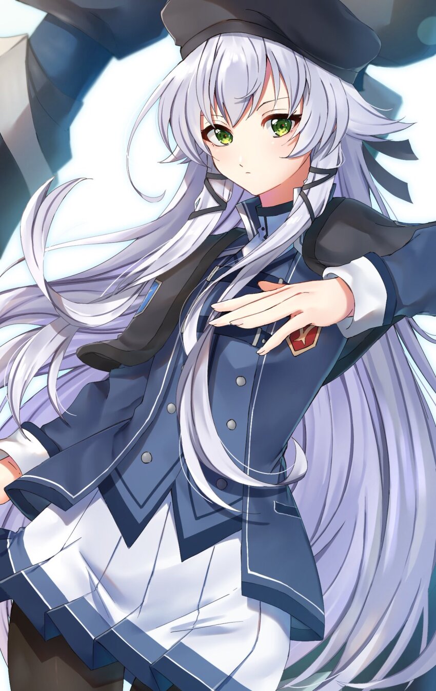 1girl 1other altina_orion claiomh_solais_(kiseki) double-parted_bangs eiyuu_densetsu green_eyes hair_between_eyes highres jacket long_hair looking_at_viewer nu_bo_bo_o robot sen_no_kiseki sen_no_kiseki_(series) sen_no_kiseki_iii sidelocks simple_background skirt thighhighs thors_military_academy_branch_campus_uniform white_background white_hair