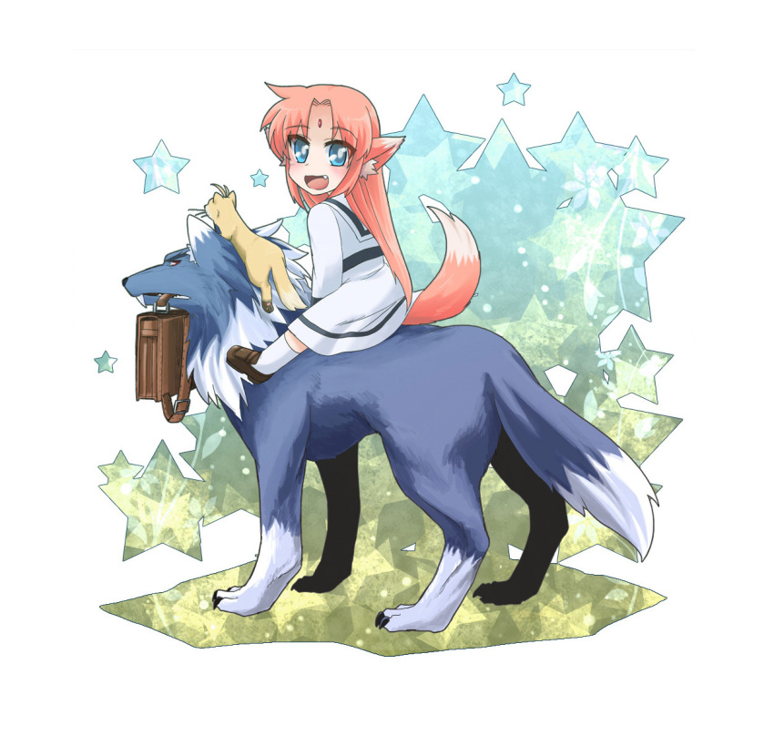 00s 1girl :d alternate_costume animal_ears arf backpack bag blue_eyes claws ebi_no_hito facial_mark fang fangs ferret forehead_jewel forehead_mark long_hair lyrical_nanoha mahou_shoujo_lyrical_nanoha_strikers mouth_hold open_mouth orange_hair red_eyes riding school_uniform smile socks star_(symbol) tail wolf wolf_ears wolf_tail yuuno_scrya zafira