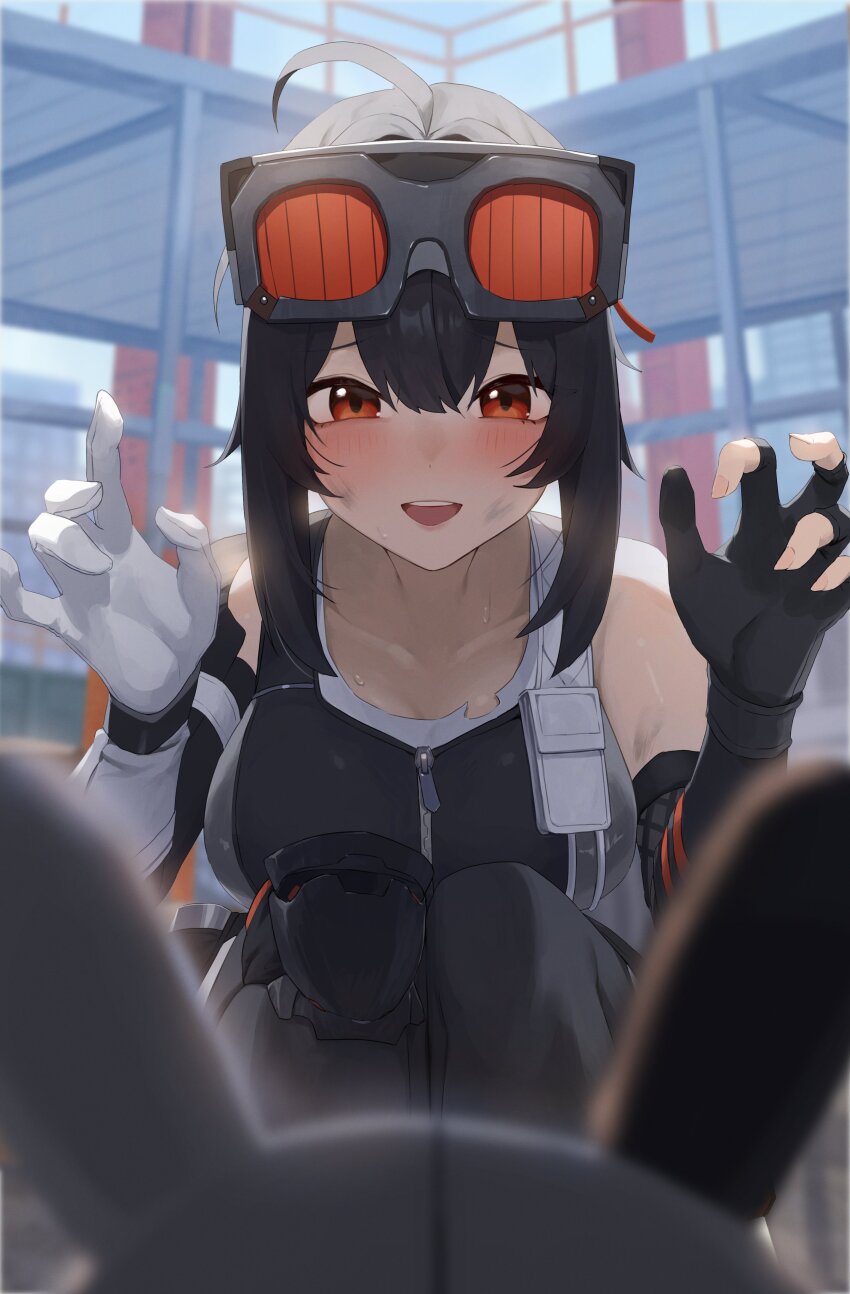 1girl absurdres ahoge asymmetrical_gloves bare_shoulders black_hair black_sports_bra blurry blurry_background blurry_foreground blush commentary_request construction_site dirty dirty_face fishnet_gloves fishnets gloves goggles goggles_on_head gomashiwo_o grace_howard highres mismatched_gloves open_mouth orange_eyes outdoors partially_fingerless_gloves pov sitting sports_bra sweat zenless_zone_zero zipper zipper_pull_tab zipper_top