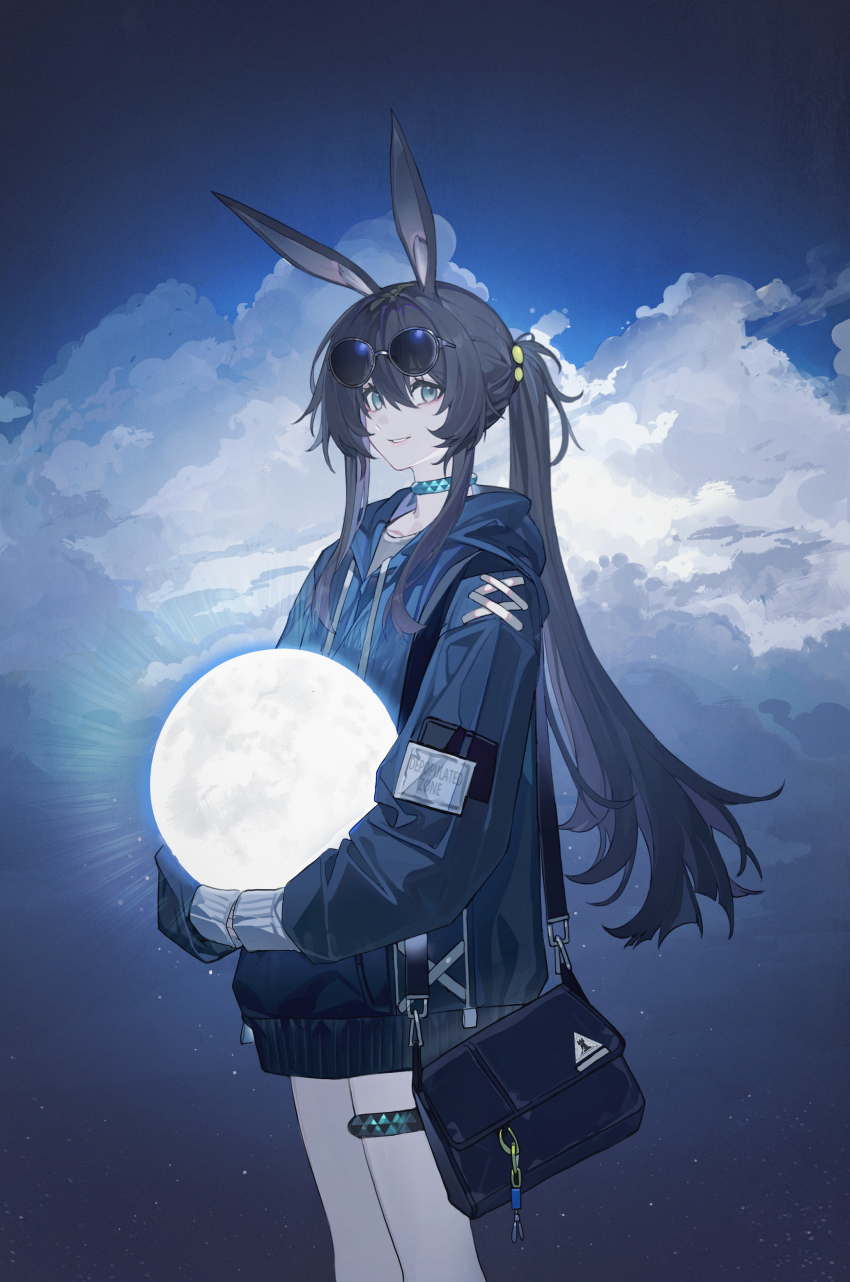 1girl :d absurdres amiya_(arknights) animal_ears arknights bag black_hair blue_eyes blue_hoodie blue_sky choker cloud cloudy_sky collarbone day drawstring echj feet_out_of_frame from_side full_moon glowing grin hair_between_eyes half_updo handbag highres holding_moon hood hood_down hoodie hugging_object jewelry long_hair looking_at_viewer moon no_pants open_mouth outdoors own_hands_together ponytail rabbit_ears rabbit_girl sidelocks sky sleeve_cuffs sleeves_past_fingers sleeves_past_wrists smile solo thighlet very_long_hair