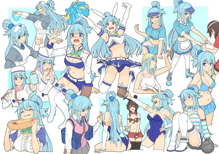 2girls animal_ears apron aqua_(konosuba) bag ball_and_chain_restraint bandana banned_artist bikini bikini_skirt blue_bikini blue_eyes blue_footwear blue_hair blue_leotard blue_necktie blue_panties blue_ribbon blush boots bottle bow bowtie breasts brown_eyes brown_gloves brown_hair cheerleader cleavage commission commissioner_name cropped_shirt cross-laced_footwear cup detached_collar detached_sleeves eating elbow_gloves fake_animal_ears fake_tail fanning_self fingerless_gloves food food_on_face frilled_leotard frills gloves green_bandana green_bow green_bowtie grey_skirt hair_rings hat highres holding holding_bottle holding_cup holding_food holding_hands holding_pom_poms kono_subarashii_sekai_ni_shukufuku_wo! large_breasts leotard light_blue_hair long_hair megumin midriff multiple_girls multiple_views navel neck_ribbon necktie nose_blush panties pantyshot pink_sweater_vest playboy_bunny pleated_skirt pom_pom_(cheerleading) pom_poms rabbit_ears rabbit_tail red_skirt ribbon roller_skates school_uniform shima_(landsuzume) shirt shoelaces shoes shoulder_bag shrug_(clothing) single_hair_ring skates skeb_commission skirt sneakers strapless strapless_leotard striped_clothes striped_shirt striped_skirt sweat sweater_vest swimsuit tail tank_top tankard thigh_boots thighhighs underwear vertical-striped_clothes vertical-striped_shirt vertical-striped_skirt very_long_hair visor_cap waitress white_apron white_footwear white_gloves white_hat white_panties white_shrug white_tank_top white_thighhighs