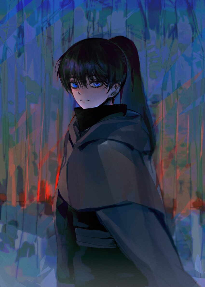 1boy androgynous bishounen black_clover black_hair black_shirt blue_eyes brown_capelet brown_cloak capelet cloak highres hood hood_down light_smile long_hair looking_at_viewer male_focus min2lullr multicolored_background nacht_faust ponytail shirt solo upper_body