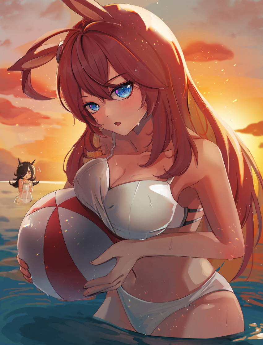 2girls absurdres animal_ears arainekozz ball beachball black_hair blue_eyes breasts brown_hair cleavage commentary_request headband highres horse_ears horse_tail large_breasts long_hair mihono_bourbon_(umamusume) multiple_girls navel ocean sky summer swimsuit tail umamusume wet