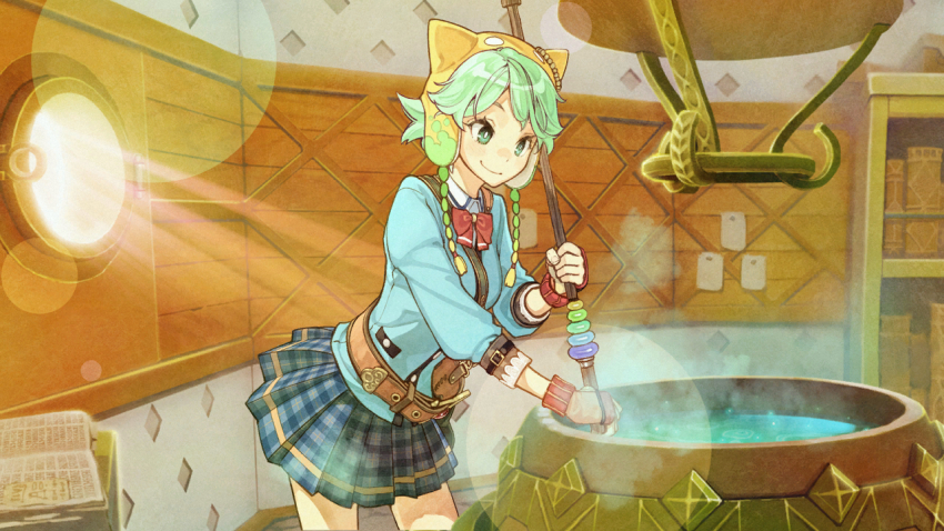 1girl atelier_(series) atelier_shallie belt blue_shirt blue_skirt bow bowtie bright_pupils cauldron closed_mouth cowboy_shot fingerless_gloves gloves green_eyes green_hair hidari_(left_side) lens_flare official_art plaid_clothes plaid_skirt pleated_skirt red_bow shallotte_elminus shirt short_hair skirt smile solo standing stirring yellow_headwear