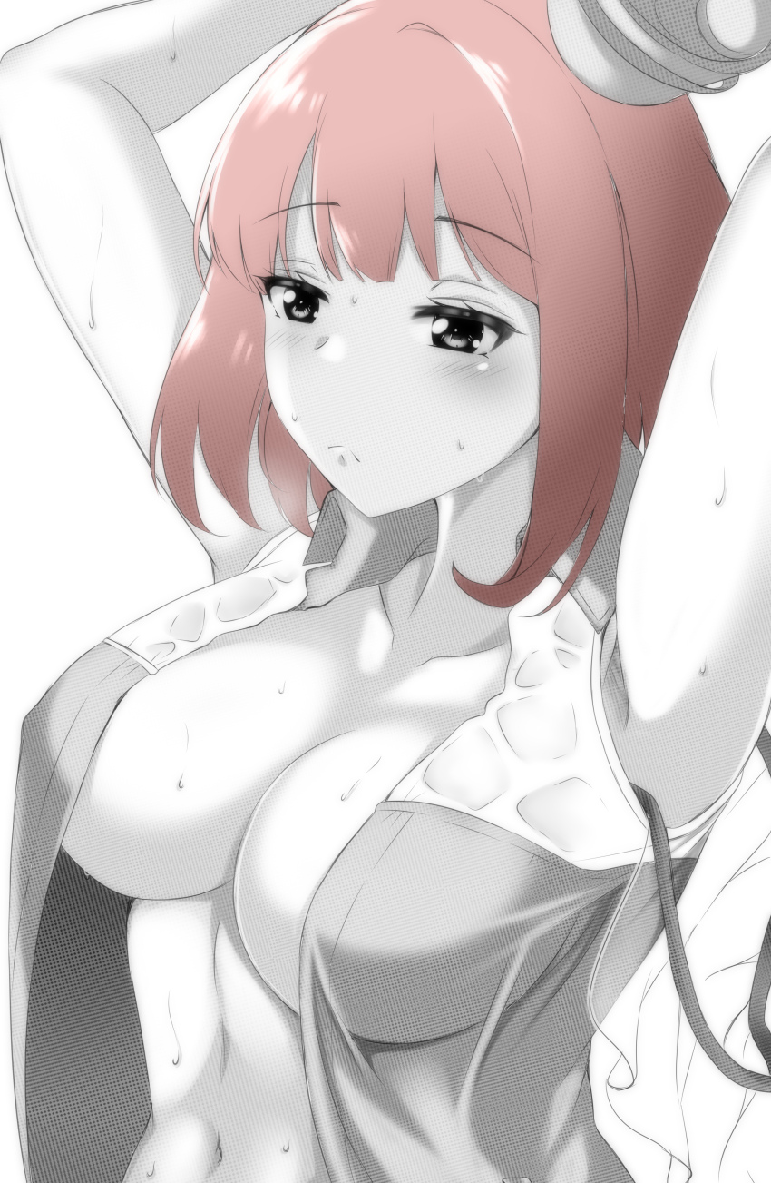 1girl absurdres armpits blush breasts closed_mouth collarbone collared_dress commentary dress frown greyscale hat highres kamen_rider kamen_rider_ex-aid_(series) large_breasts linea_alba medium_hair monochrome navel open_clothes open_dress pandacross pink_hair poppi_pipopapo simple_background solo spot_color stomach sweat upper_body