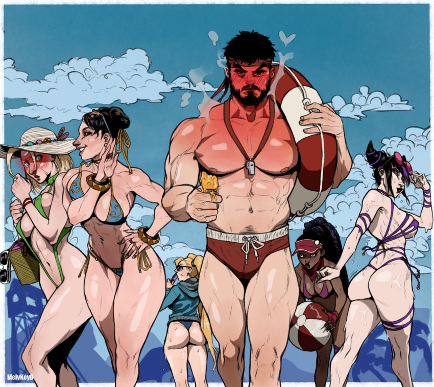 1boy 5girls abs absurdres ass ball beach beachball bikini black_hair blonde_hair blue_bikini blush breasts cammy_white capcom chun-li commentary dark-skinned_female dark_skin embarrassed english_commentary food full-face_blush green_slingshot_swimsuit hair_horns han_juri highres holding holding_ball holding_beachball holding_food holding_popsicle kimberly_jackson large_breasts laughing lifebuoy long_hair male_swimwear medium_breasts mely_key_b multiple_girls muscular muscular_male odd_one_out pale_skin popsicle purple_bikini purple_hair rainbow_mika ryu_(street_fighter) short_hair slingshot_swimsuit street_fighter street_fighter_6 street_fighter_v summer sweat swim_briefs swim_ring swimsuit thong_bikini toned_female twintails unaligned_breasts very_dark_skin very_long_hair walking