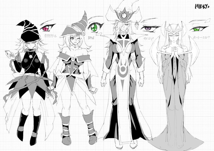 4girls bare_shoulders blonde_hair blue_footwear blue_hat blush_stickers boots breasts character_sheet choker cleavage closed_eyes colored_skin dark_magician_girl dress duel_monster gagaga_girl gloves green_dress green_eyes green_robe hair_between_eyes hat headpiece height_difference large_breasts long_hair looking_at_viewer mibry_(phrysm) multiple_girls mystical_elf open_mouth pentacle pentagram praying robe showgirl_skirt silent_magician smile wand wizard_hat yu-gi-oh!