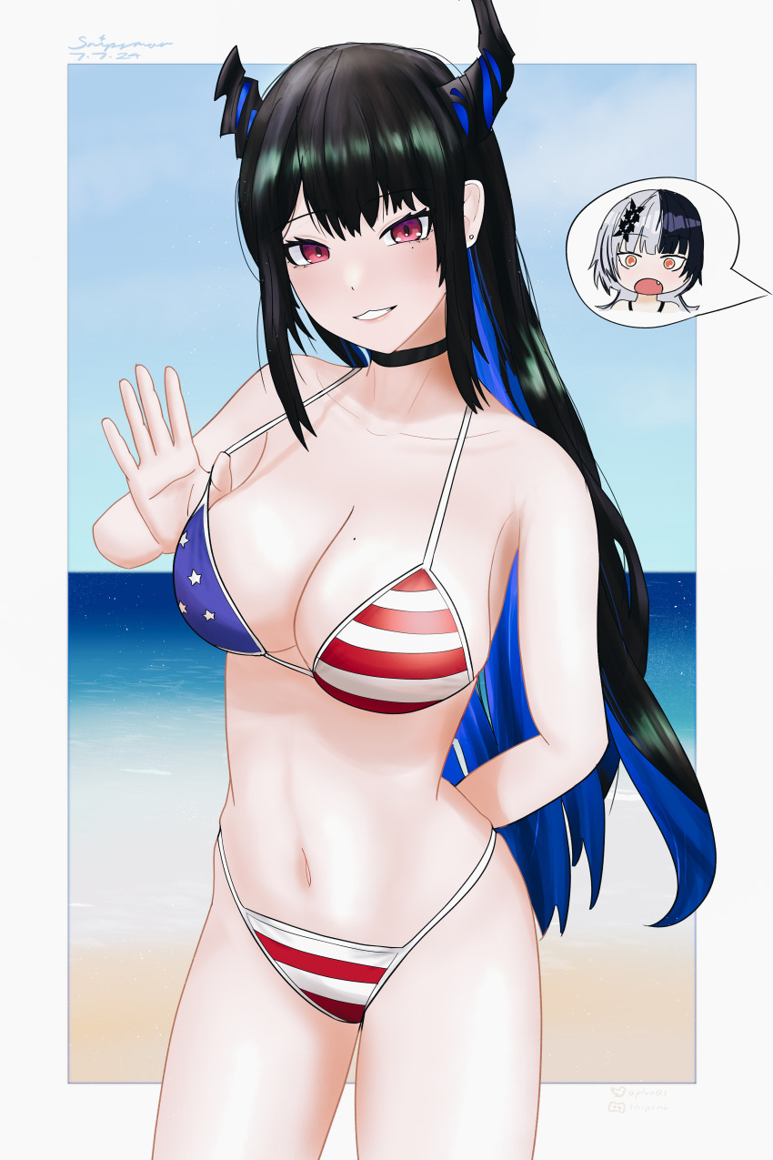 absurdres alternate_costume american_flag american_flag_bikini american_flag_print beach bikini black_hair breasts cleavage collarbone demon_horns flag_print hair_down highres hololive hololive_english horns large_breasts mole multicolored_hair navel nerissa_ravencroft print_bikini self-upload shiori_novella snipsman swimsuit virtual_youtuber