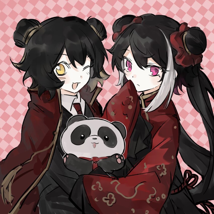 2girls black_dress black_hair checkered_background closed_mouth coat coat_on_shoulders collared_shirt cowboy_shot double_bun dress erzheawa gold_trim hair_bun highres jacket jia_xichun_(project_moon) library_of_ruina limbus_company long_hair looking_at_viewer mei_(project_moon) multicolored_hair multiple_girls necktie one_eye_closed panda pink_background pink_eyes project_moon red_coat red_jacket red_necktie red_ribbon ribbon shirt short_hair smile streaked_hair twintails very_long_hair white_hair white_shirt yellow_eyes