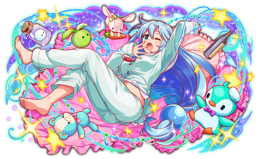 1girl alternate_costume anime_coloring aqua_(konosuba) aqua_hair aqua_pajamas aqua_pants arm_up artist_request barefoot blanket blue_eyes blue_hair blush bottle bow bowtie breasts buttons cork corked_bottle crash_fever crossed_legs full_body game_cg green_bow hair_ornament hat in_container in_jar jar knees_together_feet_apart kono_subarashii_sekai_ni_shukufuku_wo! large_breasts light_particles long_hair long_sleeves looking_at_viewer low-tied_long_hair low_ponytail midriff_peek navel necktie number_print numbered official_alternate_costume official_art official_style one_eye_closed open_mouth outline pajamas pants pillow pink_bow pink_bowtie ponytail print_pajamas print_pants purple_bow purple_bowtie red_necktie red_outline rug sailor_hat short_necktie sleepwear sleepy sleeves_past_wrists soles solo sparkle square square_print star_(symbol) stuffed_animal stuffed_food stuffed_panda stuffed_penguin stuffed_rabbit stuffed_toy tachi-e tears teddy_bear third-party_source toes transparent_background very_long_hair white_hat white_trim wine_bottle yawning