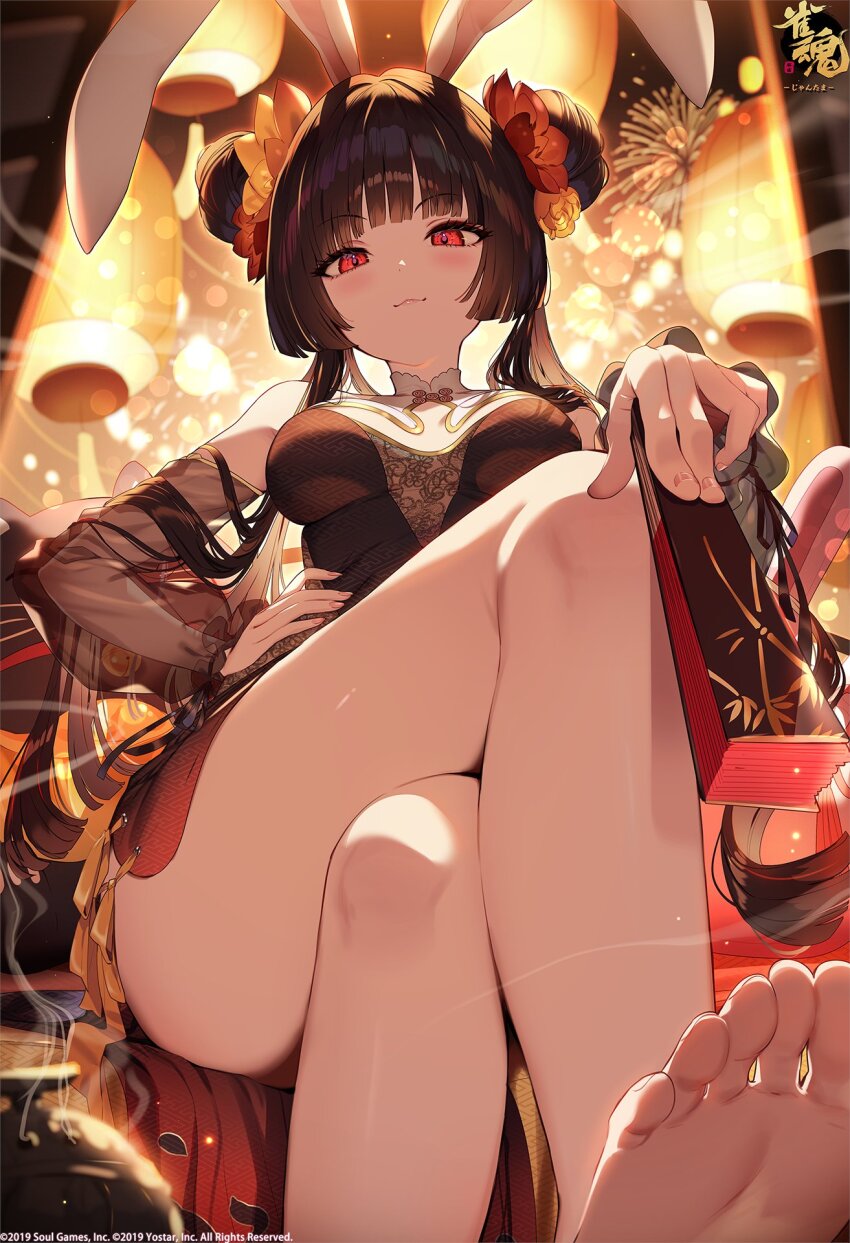 1girl :3 animal_ears bare_legs barefoot black_hair blunt_bangs blush breasts copyright_name crossed_legs detached_sleeves double_bun feet fingernails fireworks folded_fan folding_fan foot_focus foreshortening from_below hair_bun hand_fan hand_on_own_hip highres holding holding_fan kaguyahime_(mahjong_soul) kat_(bu-kunn) lantern long_hair long_sleeves looking_at_viewer mahjong_soul medium_breasts paper_lantern pov pov_legs presenting_foot rabbit_ears red_eyes see-through_clothes see-through_sleeves short_hair_with_long_locks sidelocks sitting smile soles solo toes