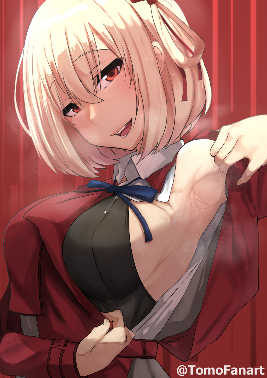 1girl absurdres arm_up armpit_crease armpit_focus armpit_lips armpit_sweat armpits blonde_hair blue_bow blue_bowtie bob_cut bow bowtie breasts clothes_pull collar dress female_focus fingernails hair_ribbon highres large_breasts looking_at_viewer lycoris_recoil lycoris_uniform medium_breasts nishikigi_chisato open_mouth presenting_armpit red_dress red_eyes red_ribbon ribbon shirt_pull short_hair sideboob smile solo steam sweat teeth tomodachi_(tomofanart) two-tone_dress white_collar white_hair