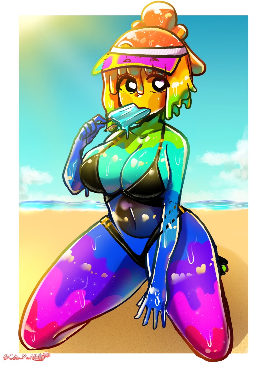 1girl beach bikini black_bikini breasts food heart heart-shaped_pupils highres holding holding_food holding_popsicle large_breasts monster_girl morbidlycrunchy multicolored_hair nana_(morbidlycrunchy) original ponytail popsicle rainbow rainbow_hair slime_girl swimsuit symbol-shaped_pupils visor_cap