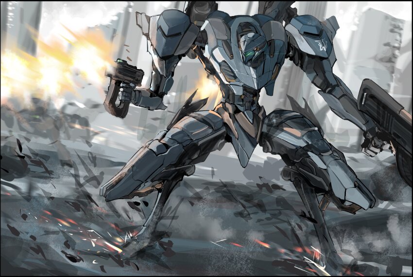 absurdres armored_core armored_core_vi:_fires_of_rubicon assault_visor city dual_wielding gun highres holding holding_gun holding_weapon machine_gun mecha no_humans reverse-jointed_legs robot ryou_(ponpgo) science_fiction steel_haze thrusters weapon