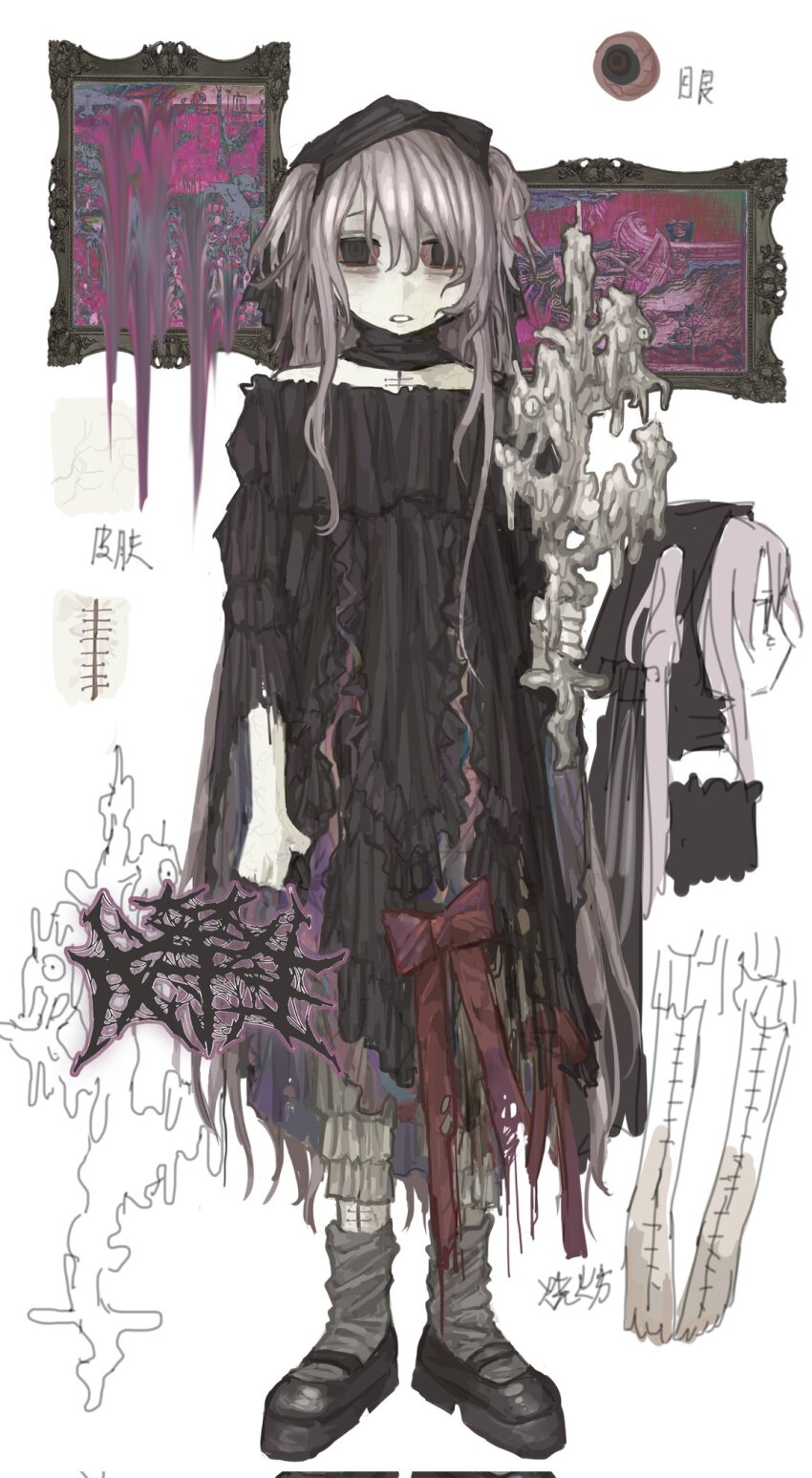 black_collar black_dress black_eyes black_footwear bloodshot_eyes brown_dress candle character_sheet collar dress frilled_dress frills full_body grey_socks highres holding holding_candle original pink_hair poster_(object) red_ribbon ribbon socks solo standing teeth twintails wuwuren