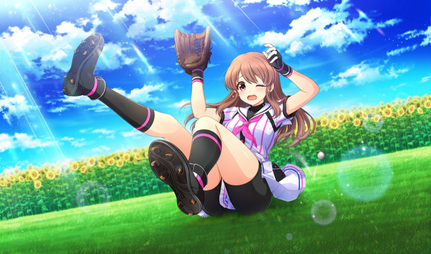 1girl asahina_mikuru baseball baseball_(object) baseball_field baseball_glove baseball_uniform belt_pouch bike_shorts bike_shorts_under_skirt black_footwear black_gloves black_pouch black_shorts black_socks black_undershirt blurry brown_eyes brown_hair cinderella_series cloud crossover depth_of_field dutch_angle fallen_down field film_grain fingerless_gloves flower flower_field full_body game_cg gloves hachigatsu_no_cinderella_nine highres lens_flare light_particles light_rays long_hair neckerchief non-web_source official_art on_grass one_eye_closed open_mouth outdoors pink_neckerchief playing_sports pleated_skirt pouch shirt shirt_under_shirt short_sleeves shorts skirt sky socks solo sportswear striped_clothes striped_shirt sunbeam sunflower sunflower_field sunlight suzumiya_haruhi_no_yuuutsu teardrop vertical-striped_clothes vertical-striped_shirt wristband