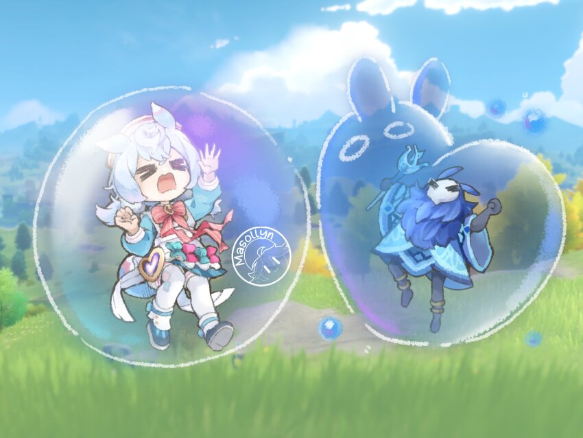 &gt;_&lt; 1girl abyss_mage_(genshin_impact) animal_ears artist_logo bow bowtie bubble chibi chibi_only commentary day english_commentary full_body gameplay_mechanics genshin_impact grass hat highres holding holding_staff long_hair long_sleeves mask masollyn npc_(genshin_impact) nurse_cap outdoors shoes sigewinne_(genshin_impact) staff