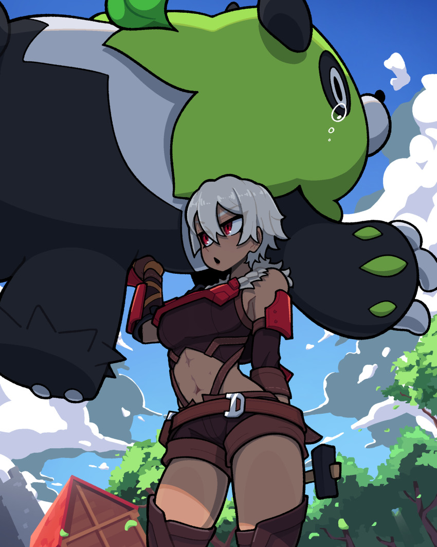 1girl abs bear furry hammer highres lifting_person midriff mossanda muds_(tentacles_r_us) navel palworld red_eyes shorts tears tree white_hair