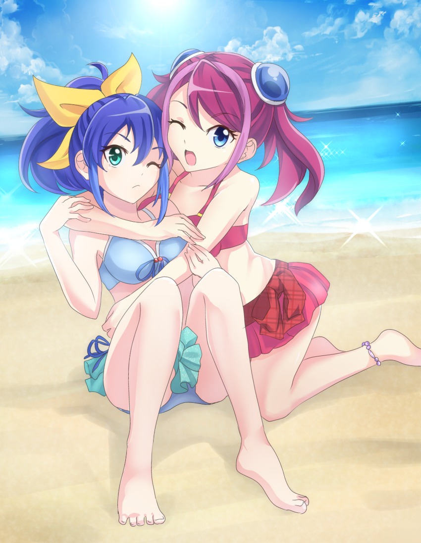 2girls ;o absurdres akatsu_masato anklet arm_around_shoulder bare_shoulders barefoot beach bikini bikini_skirt blue_eyes blue_hair blue_sky bow bracelet_girls cloud day feet green_eyes hair_bow highres hiiragi_yuzu hug jewelry kneeling looking_at_viewer multicolored_hair multiple_girls ocean one_eye_closed outdoors pink_hair ponytail purple_hair sand serena_(yu-gi-oh!) short_hair short_twintails siblings sisters sitting sky sparkle swimsuit twintails two-tone_hair yu-gi-oh! yu-gi-oh!_arc-v