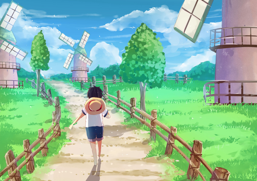 1boy east_blue fence hat highres male_focus monkey_d._luffy one_piece shirt shorts solo straw_hat t-shirt walking windmill aged_down