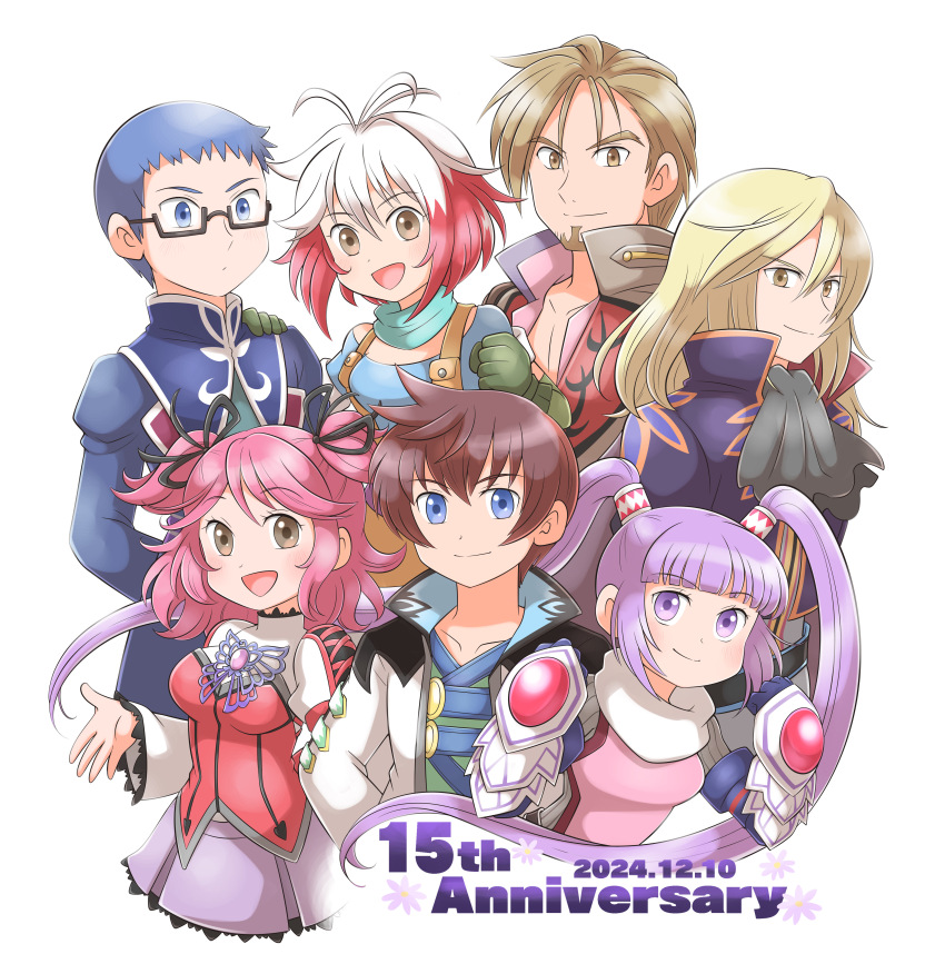 3girls 4boys absurdres anniversary antenna_hair aogaeru_(pixiv46613656) aqua_scarf asbel_lhant ascot beard black_ascot blonde_hair blue_eyes blue_hair blue_shirt bodysuit breasts brothers brown_eyes brown_hair butterfly_brooch cheria_barnes clenched_hands closed_mouth coat commentary copyright_name dated dot_nose dress facial_hair gauntlets glasses gloves green_gloves hand_on_another&#039;s_shoulder hands_up high_collar highres hubert_ozwell long_hair looking_at_viewer malik_caesars medium_breasts multicolored_hair multiple_boys multiple_girls open_mouth outstretched_hand pascal_(tales) pectoral_cleavage pectorals pink_bodysuit pink_hair purple_eyes purple_hair purple_skirt rectangular_eyewear red_dress red_hair richard_(tales) scarf semi-rimless_eyewear shirt short_hair siblings simple_background skirt small_breasts smile sophie_(tales) tales_of_(series) tales_of_graces twintails two-tone_hair two_side_up under-rim_eyewear white_background white_coat white_hair