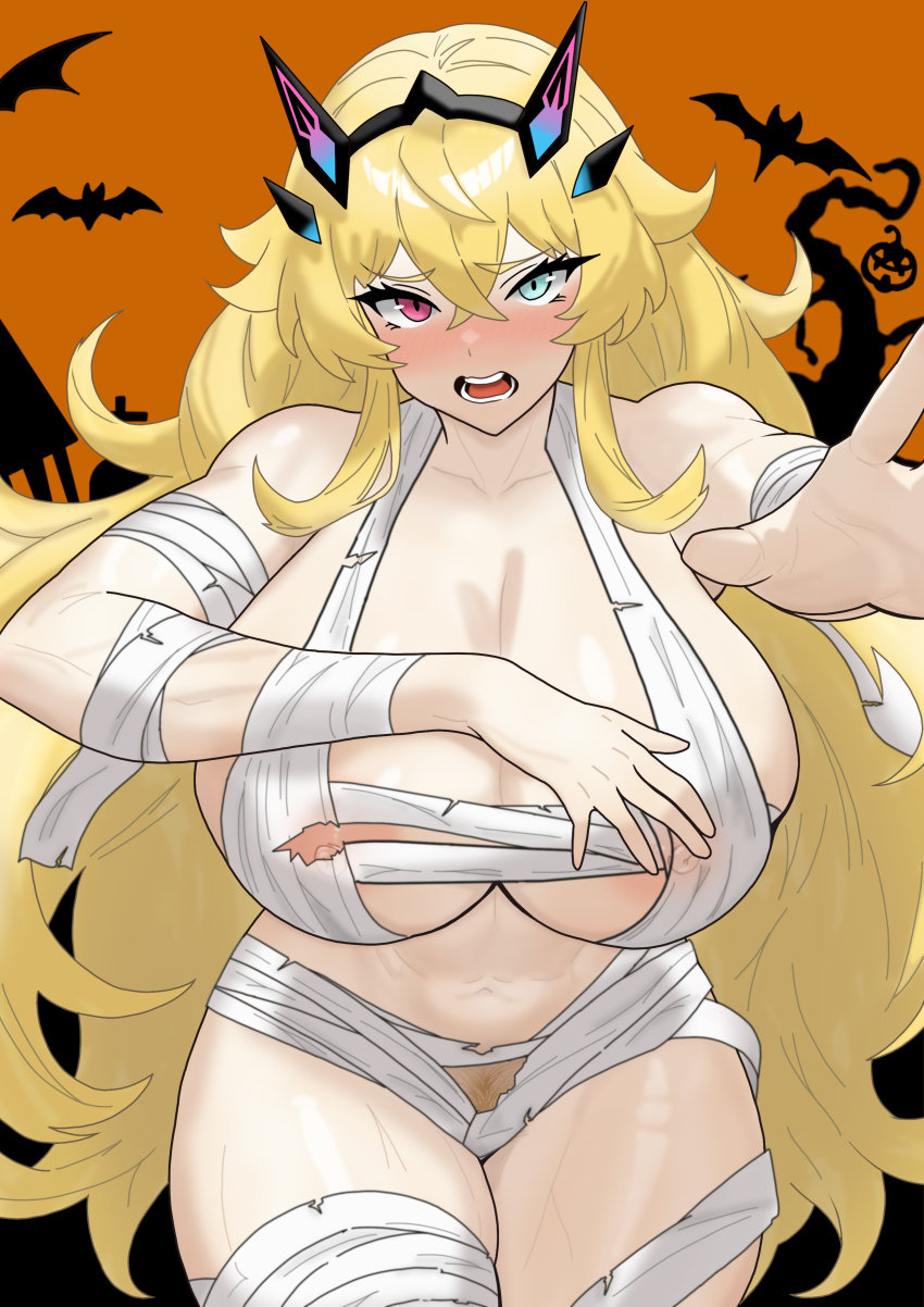 1girl bandages barghest_(fate) blonde_hair blue_eyes breasts cowboy_shot fate/grand_order fate_(series) halloween halloween_costume heterochromia horns large_breasts long_hair looking_at_viewer mummy_costume naked_bandage nipple_slip nipples pubic_hair red_eyes solo tucv5345