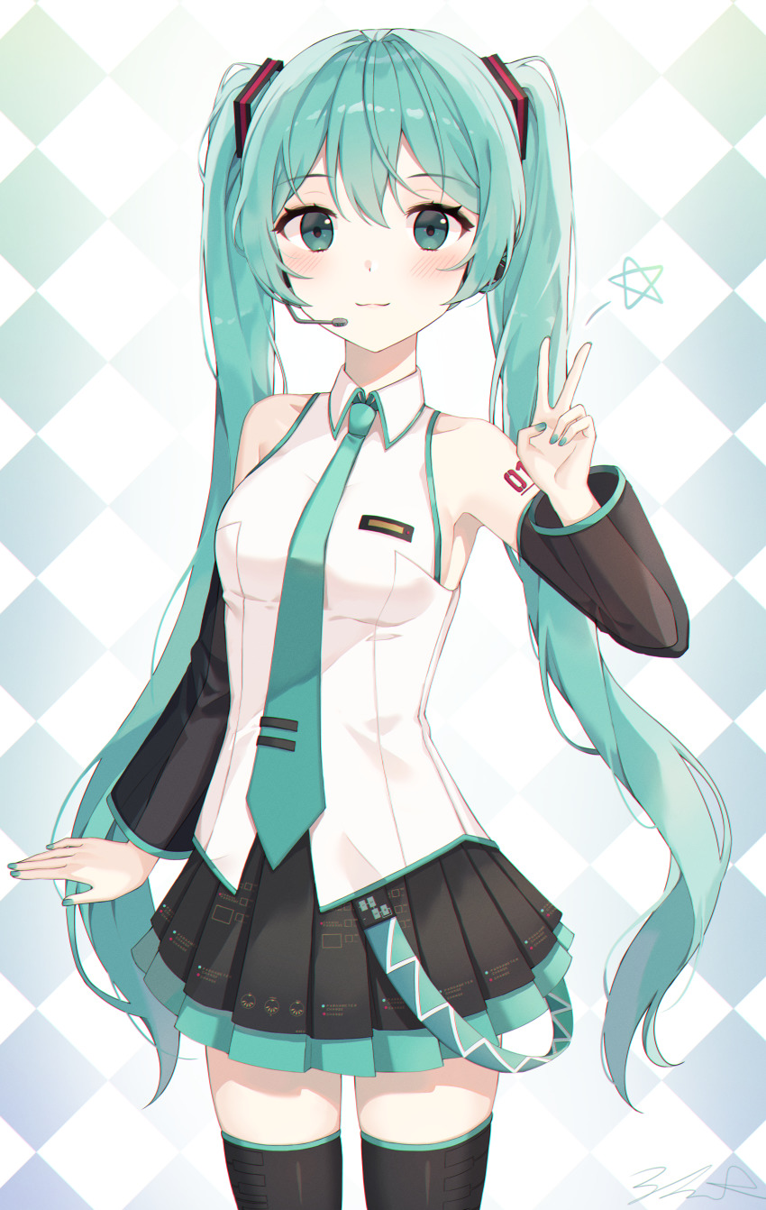 1girl absurdres aqua_eyes aqua_hair aqua_nails argyle_background argyle_clothes arm_up bare_shoulders black_skirt black_sleeves black_thighhighs blue_necktie blush breasts closed_mouth cowboy_shot detached_sleeves dot_nose hair_between_eyes hair_ornament hatsune_miku headset highres huge_filesize long_hair looking_at_viewer monjja nail_polish necktie number_tattoo pleated_skirt see-through_clothes shirt sidelocks signature skirt sleeveless sleeveless_shirt smile solo star_(symbol) tattoo thighhighs twintails v very_long_hair vocaloid white_shirt zettai_ryouiki