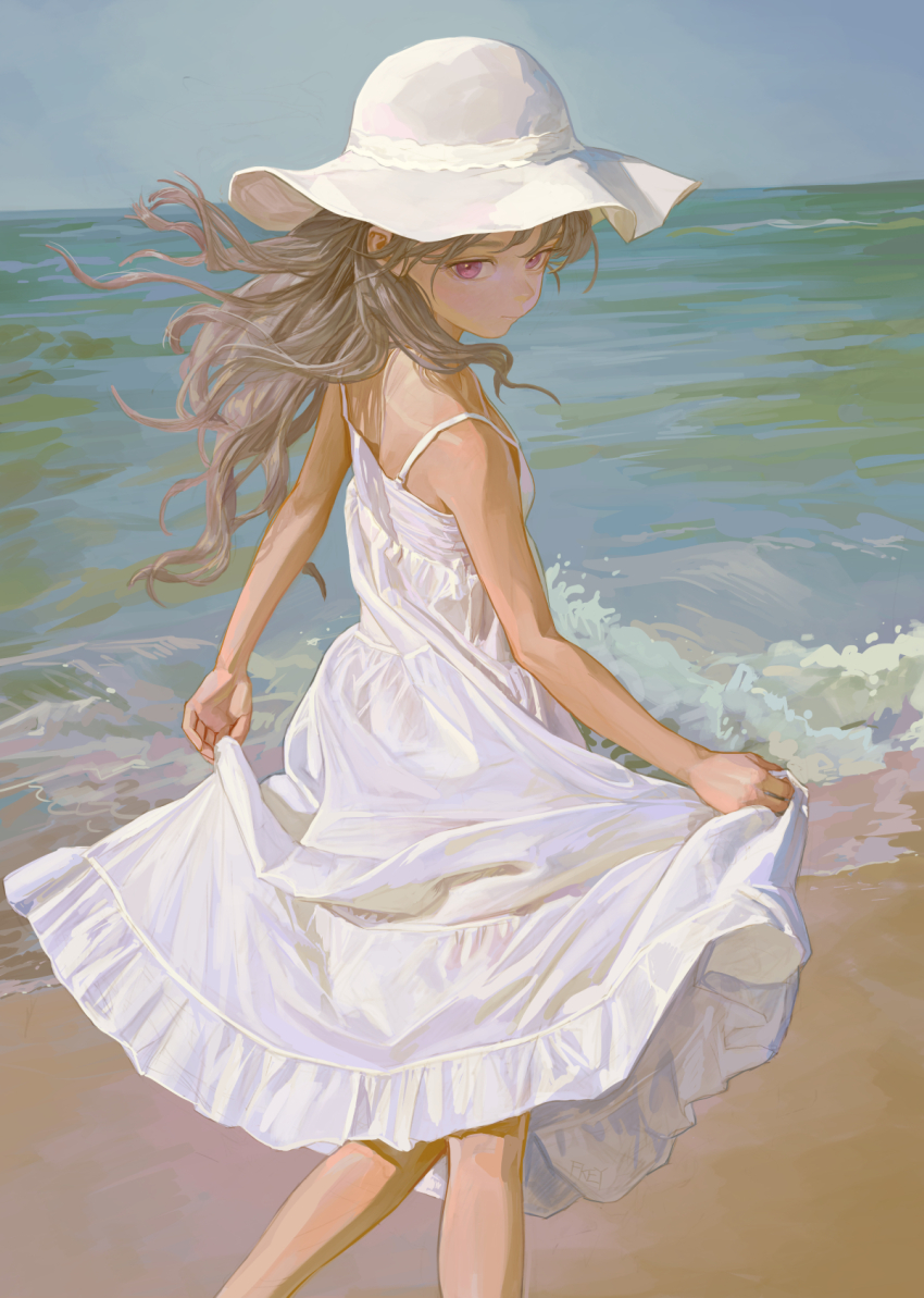 1girl artist_name beach blue_sky closed_mouth day dress feet_out_of_frame feiqizi_(fkey) fkey floating_hair from_side grey_hair hat highres horizon long_hair looking_at_viewer ocean original outdoors purple_eyes shore skirt_hold sky sleeveless sleeveless_dress solo spaghetti_strap sun_hat sundress turning_head walking water white_dress white_hat