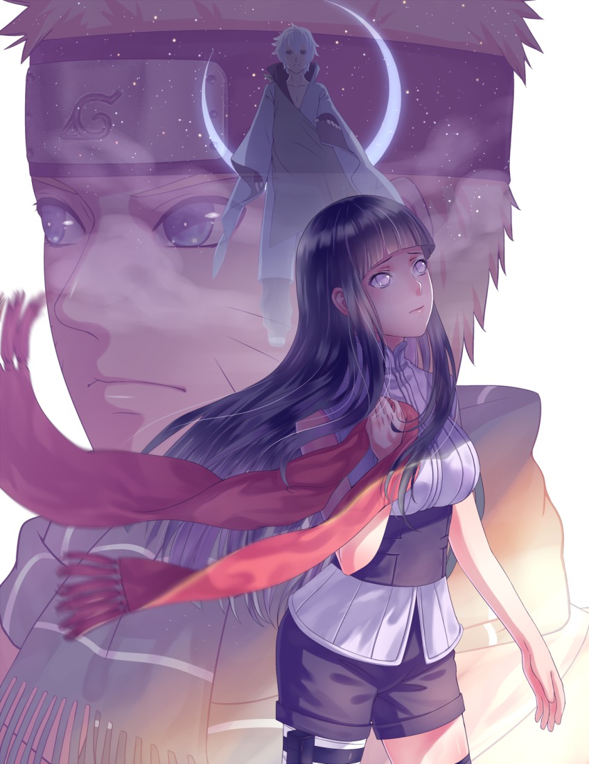 1girl 2boys bad_id bad_pixiv_id black_hair blonde_hair blue_eyes crescent_moon facial_mark forehead_protector haneru highres hyuuga_hinata long_hair moon multiple_boys naruto:_the_last naruto_(series) ootsutsuki_toneri purple_eyes scarf short_hair star_(sky) uzumaki_naruto white_hair