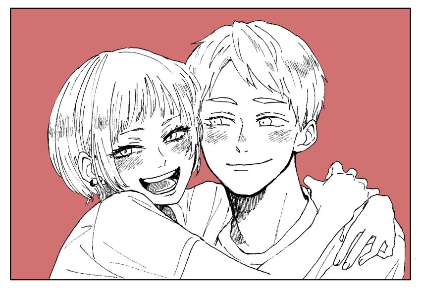 1boy 1girl blush border closed_mouth commentary_request couple earrings eyebrows eyelashes grin haikyuu!! happy haru107ri hetero highres hug jewelry looking_at_another looking_at_viewer open_mouth portrait red_background shirt short_hair smile tanaka_saeko_(haikyuu!!) teeth tongue tsukishima_akiteru