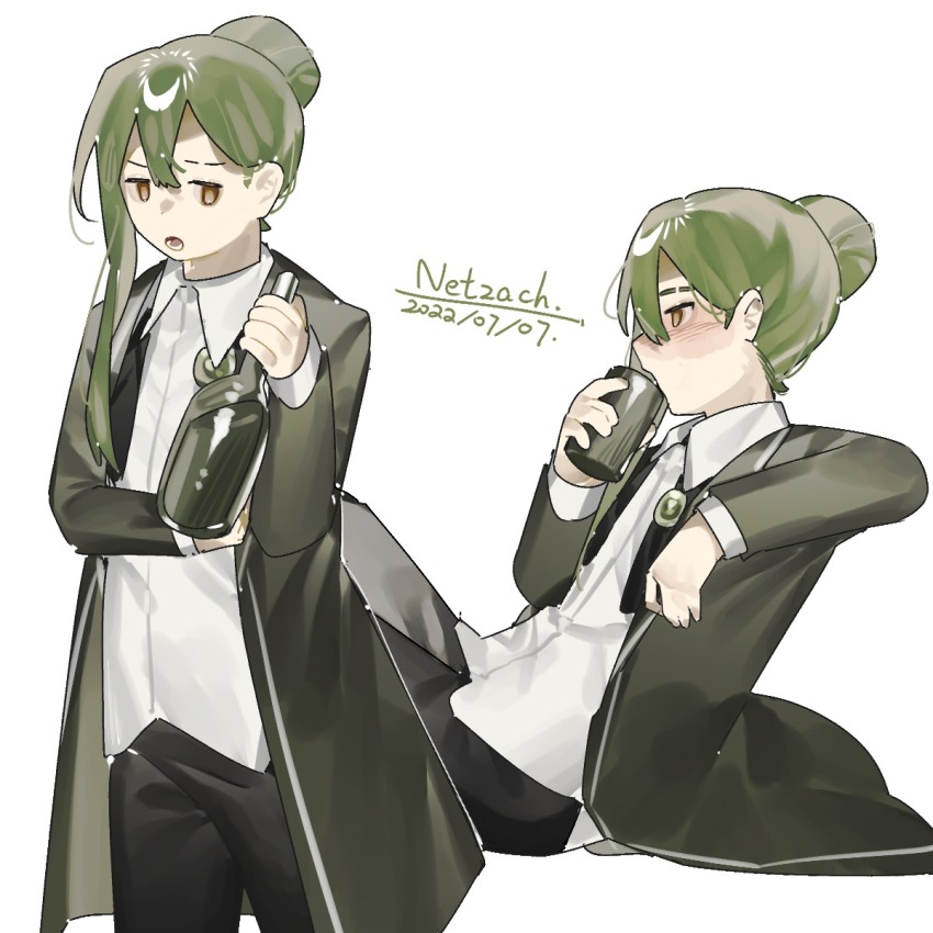 1boy black_pants blush bottle can coat collared_shirt dated dress_shirt drinking green_coat green_hair hair_bun highres holding holding_bottle holding_can library_of_ruina male_focus multiple_views netzach_(project_moon) pants project_moon shirt simple_background single_hair_bun sitting standing toeiki_c white_background white_shirt wine_bottle