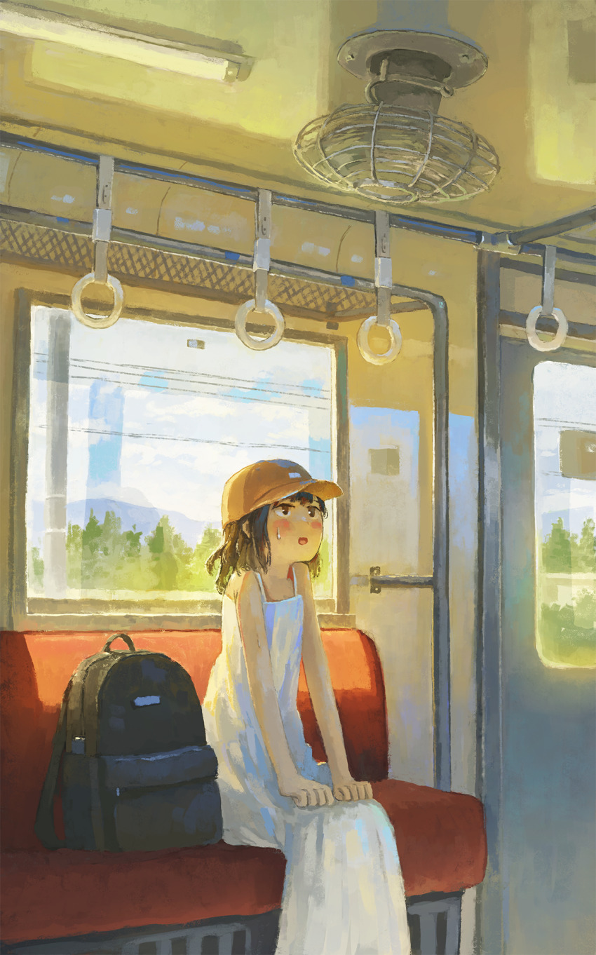 1girl backpack bag baseball_cap blush brown_hair dress fjsmu hat highres indoors looking_up open_mouth orange_hat original scenery short_hair sitting sleeveless sleeveless_dress solo sundress sweat train_interior unworn_backpack unworn_bag white_dress