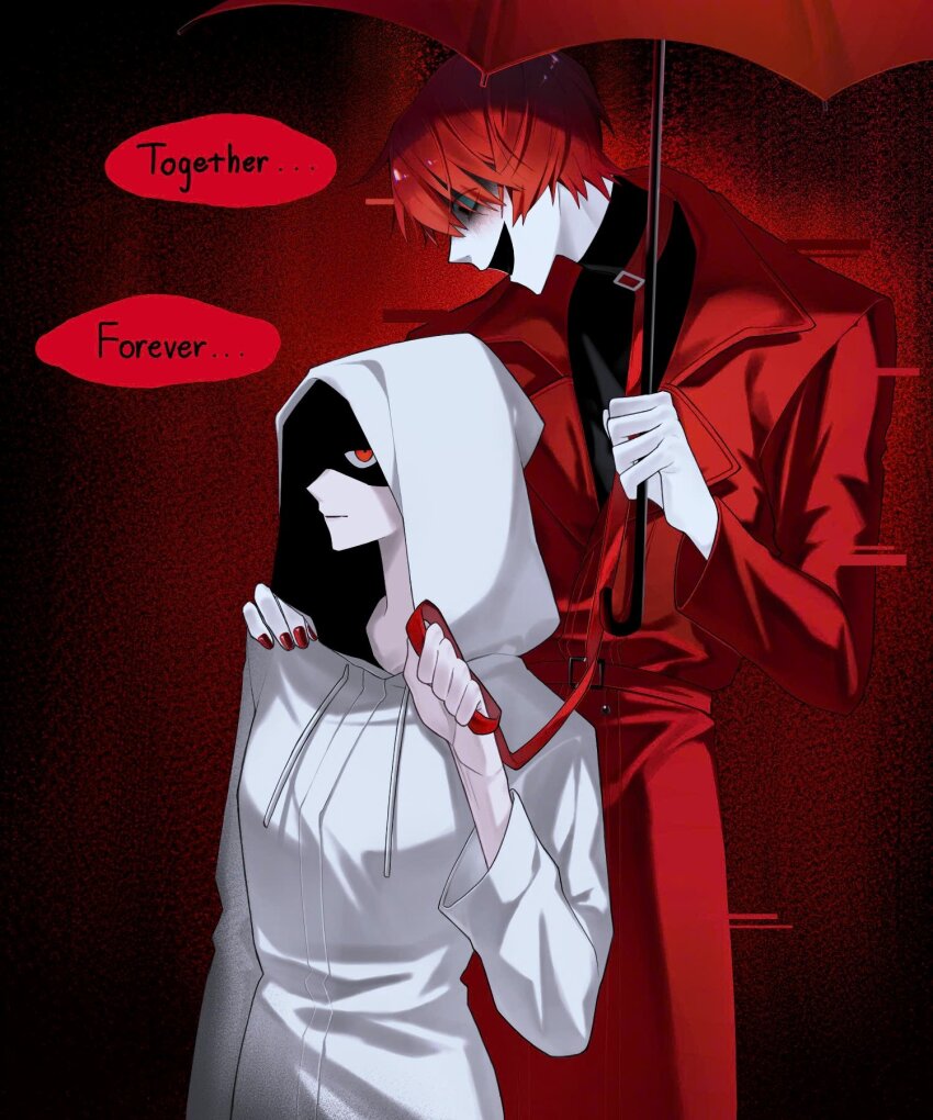 1boy 1girl coat english_text glitch hand_on_another&#039;s_shoulder heroine_(homicipher) hetero highres holding holding_leash holding_umbrella homicipher leash looking_at_another mr._scarletella raincoat red_background red_coat red_eyes red_hair red_umbrella sh_fxng9313 short_hair umbrella