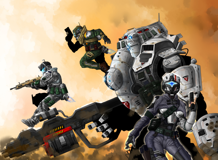 1girl 2boys assault_visor atlas_(titanfall) blue_eyes blue_visor glowing glowing_eyes grapple_pilot_(titanfall_2) gun handgun highres humanoid_robot jazz_jack machine machine_gun mecha multiple_boys pilot_(titanfall_2) r-101c_carbine robot science_fiction soldier titan_(titanfall) titanfall titanfall_(series) weapon xo_chaingun