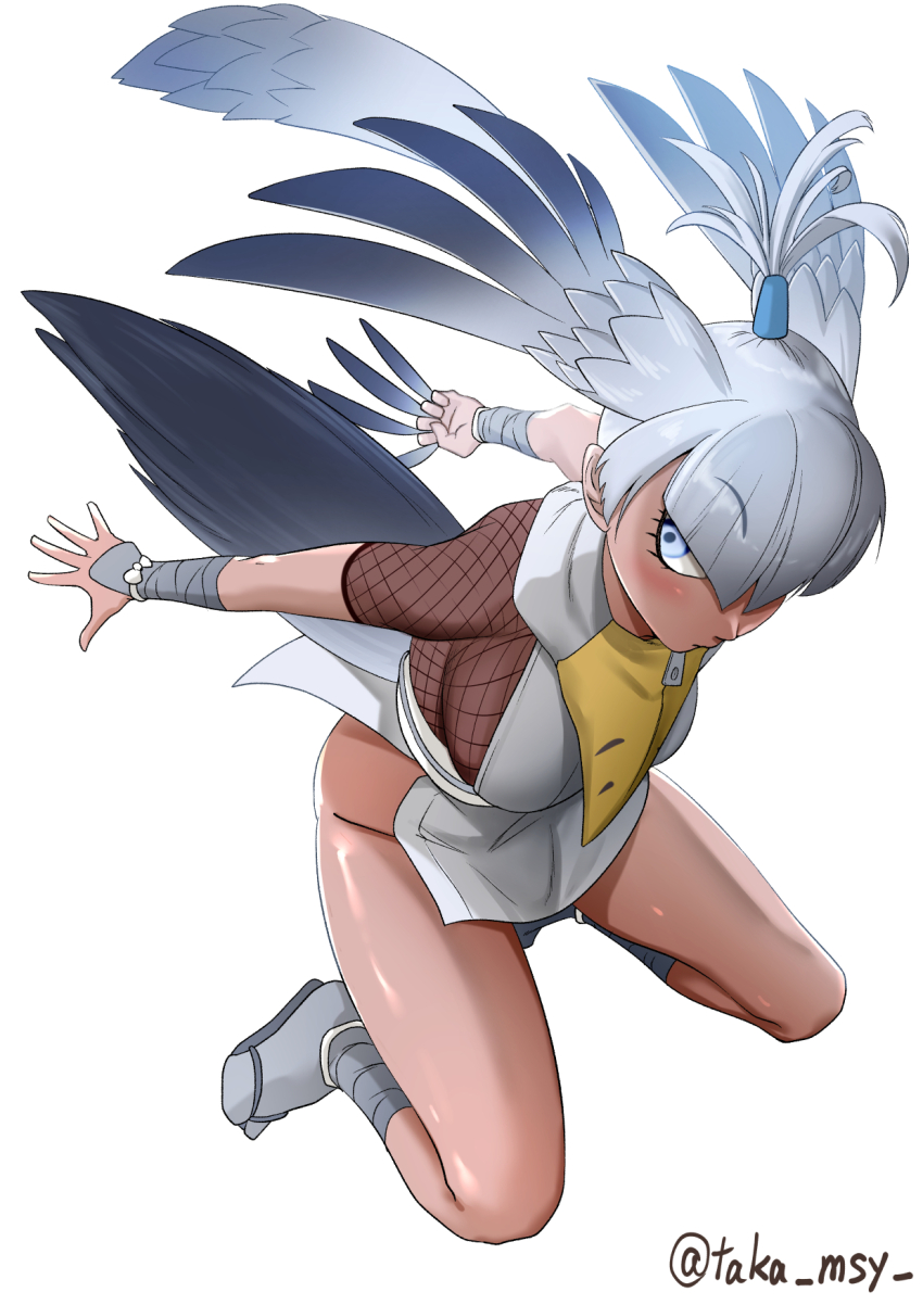 1girl bird_girl bird_tail bird_wings feathered_wings full_body grey_eyes grey_hair head_wings highres kashisu_mint kemono_friends kunai long_hair looking_at_viewer ninja sandals scarf shoebill_(ex)_(kemono_friends) simple_background solo table tail weapon wings zouri