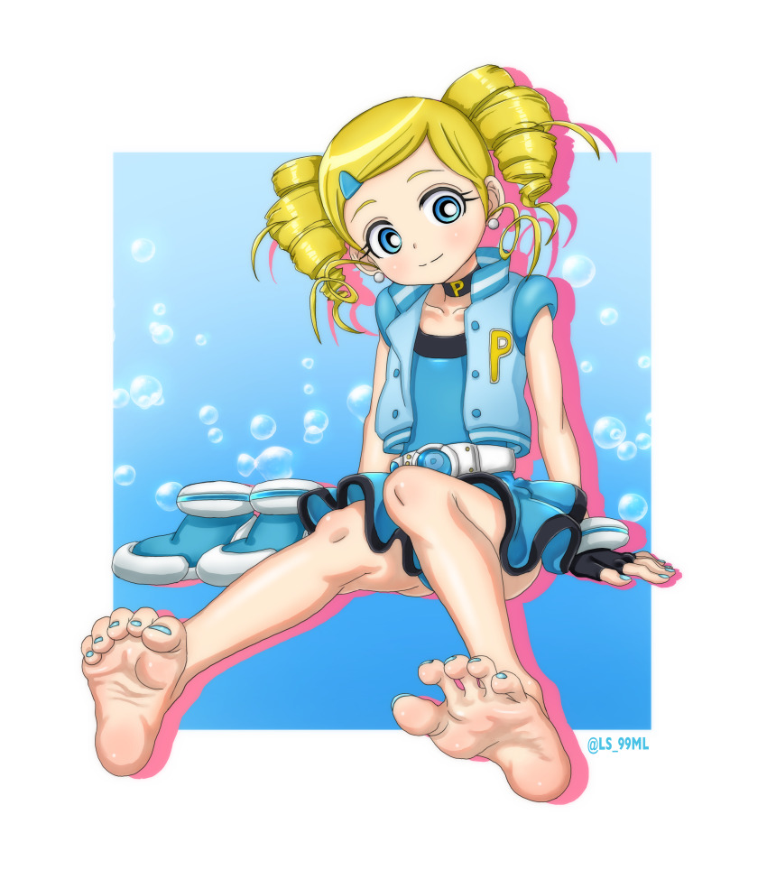 1girl absurdres barefoot black_gloves blonde_hair blue_eyes blue_vest blush bright_pupils curly_hair drill_hair earrings fingerless_gloves gloves goutokuji_miyako hair_ornament hairclip highres jewelry looking_at_viewer nail_polish powerpuff_girls_z rolling_bubbles shoes sitting smile soles solo tsukimaru_(ls_99ml) twin_drills vest white_pupils