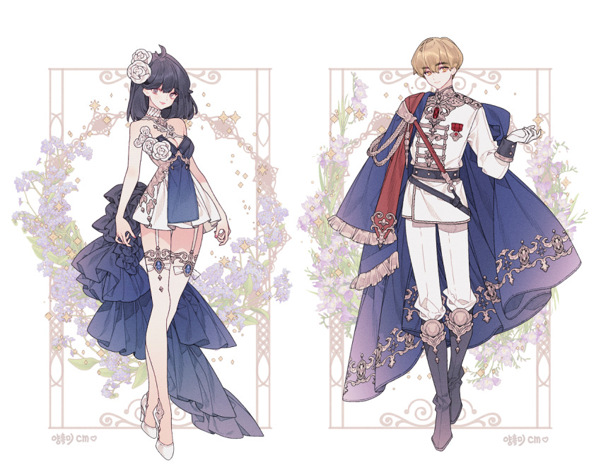 1boy 1girl bare_shoulders belt black_belt black_boots black_hair blonde_hair blue_cape blunt_bangs boots breasts cape cleavage cleavage_cutout clothing_cutout collage dress embroidery fashion floral_background flower flower_wreath frilled_dress frills full_body garter_straps gloves grey_eyes hair_flower hair_ornament high_heels jacket lemon89h looking_at_viewer medium_breasts medium_hair military_rank_insignia military_uniform original panties pink_nails purple_flower red_brooch shoes short_dress short_hair side_cape standing underwear white_flower white_gloves white_jacket white_panties white_shoes yellow_eyes