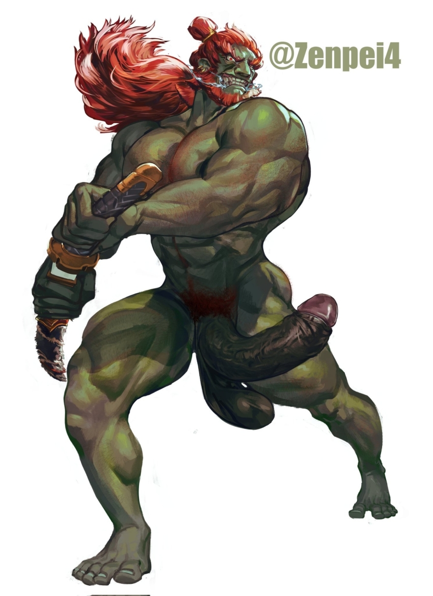 1boy abs artist_name bara beard clenched_teeth colored_skin commentary completely_nude ear_piercing english_commentary erection facial_hair ganondorf green_skin hair_bun highres holding holding_sheath holding_sword holding_weapon huge_penis large_pectorals long_hair male_focus male_pubic_hair muscular muscular_male nintendo nude pectorals penis piercing pubic_hair red_eyes red_hair sagging_testicles sheath simple_background solo sword teeth testicles the_legend_of_zelda the_legend_of_zelda:_tears_of_the_kingdom thighs unfinished unsheathing weapon white_background zenpei