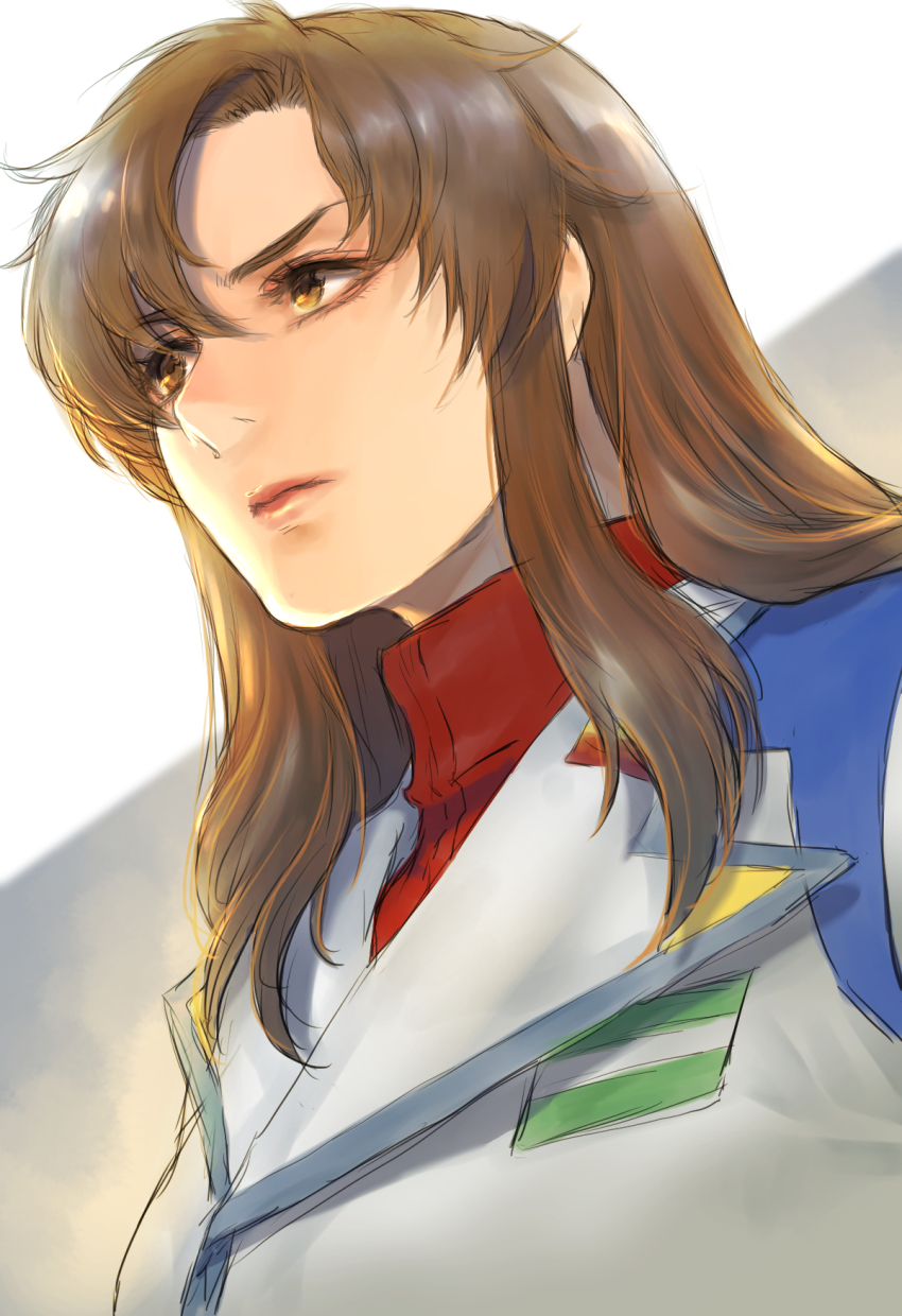 1girl brown_eyes brown_hair close-up gundam gundam_seed gundam_seed_destiny highres looking_to_the_side medium_hair military military_uniform murrue_ramius solo takeda_yuuko turtleneck