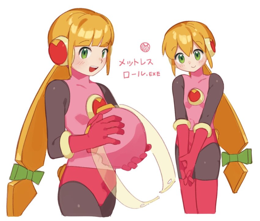 1girl black_bodysuit blonde_hair bodysuit character_name cowboy_shot green_eyes helmet leotard long_hair mega_man_(series) mega_man_battle_network_(series) multiple_views pink_helmet pink_leotard roll.exe_(mega_man) simple_background smile tango_dream translation_request unworn_headwear unworn_helmet white_background