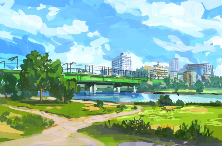 bridge building day grass highres no_humans original overhead_line park plant river riverbank sanegesan scenery town tree water