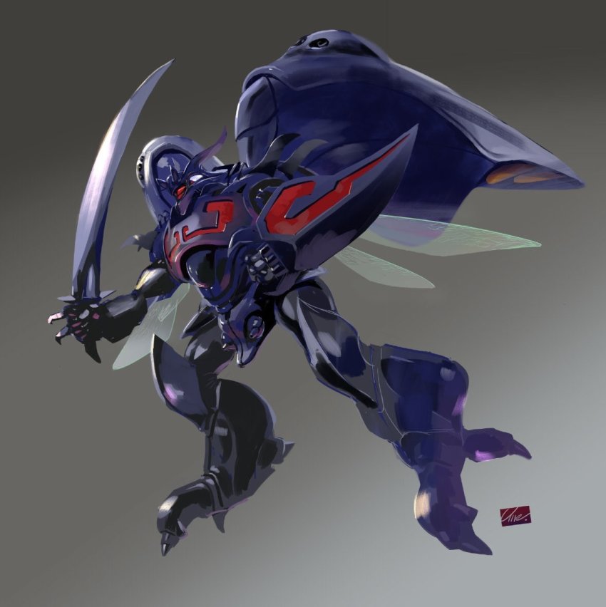 clenched_hands flying grey_background holding holding_sword holding_weapon horns insect_wings mecha no_humans realistic red_eyes robot scimitar seisenshi_dunbine solo sword umeno_ryuuji weapon wings zwarth