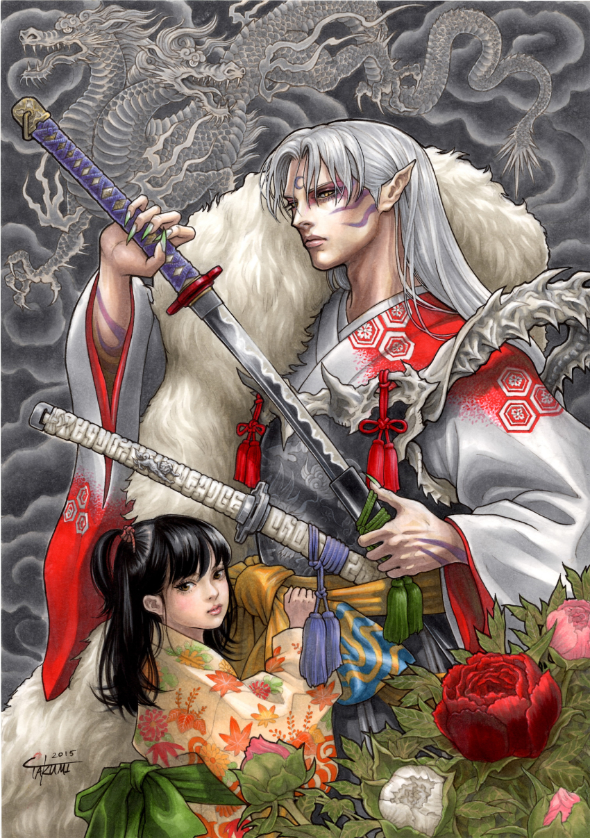 10s 1boy 1girl 2015 a-un armor black_hair claws dragon facial_mark floral_print flower forehead_mark fur green_nails hanairi_kikkou highres honeycomb_pattern inuyasha japanese_clothes katana kimono leaf_print long_hair nail_polish obi one_side_up ornate_armor pointy_ears realistic rin_(inuyasha) sash sesshoumaru sheath sheathed signature silver_hair sword takumi_(marlboro) tassel unsheathing weapon yellow_eyes