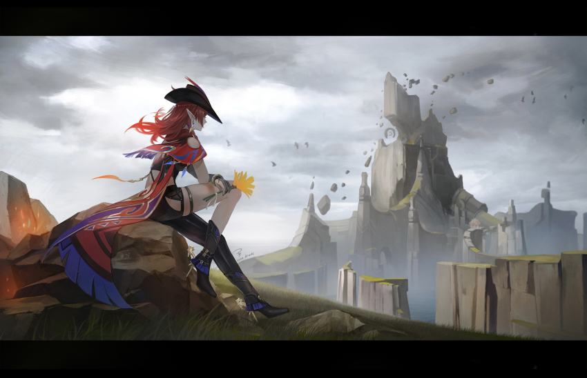 1girl anna_(drw01) asymmetrical_clothes asymmetrical_pants black_border black_tank_top border chasca_(genshin_impact) cliff cloud cloudy_sky commentary_request cowboy_hat elf floating_rock flower genshin_impact gloves grass hat high-waist_shorts highres holding holding_flower long_hair outdoors partially_fingerless_gloves pointy_ears red_hair red_scarf scarf shorts single_pantsleg sitting sky solo tank_top