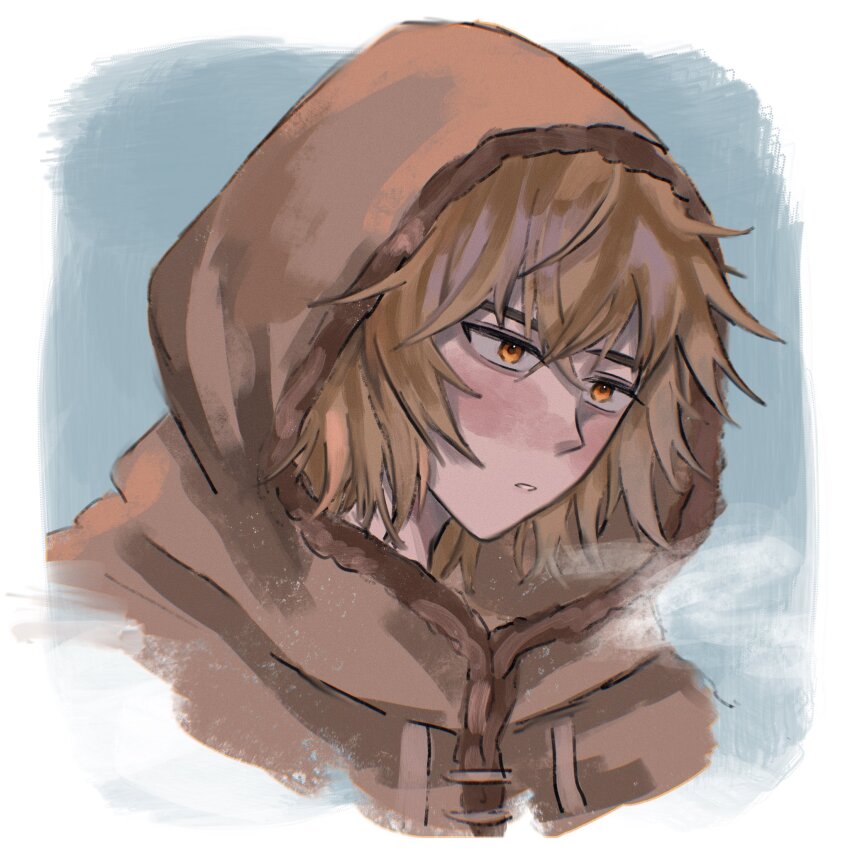 1boy blonde_hair blush brown_eyes fur_trim hair_between_eyes harumakijiro highres hood male_focus messy_hair parted_lips solo thorfinn vinland_saga