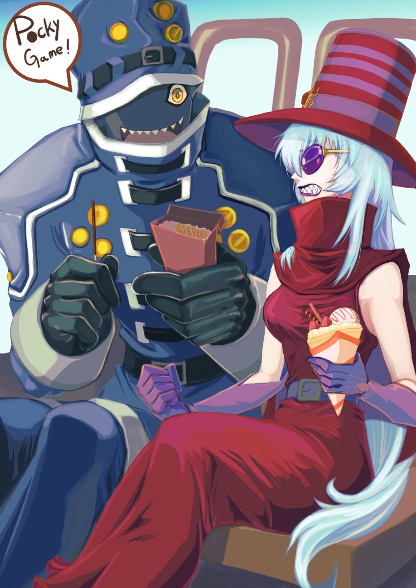 1boy 1girl archnemon belt digimon glasses hat highres looking_at_another mummymon sharp_teeth teeth