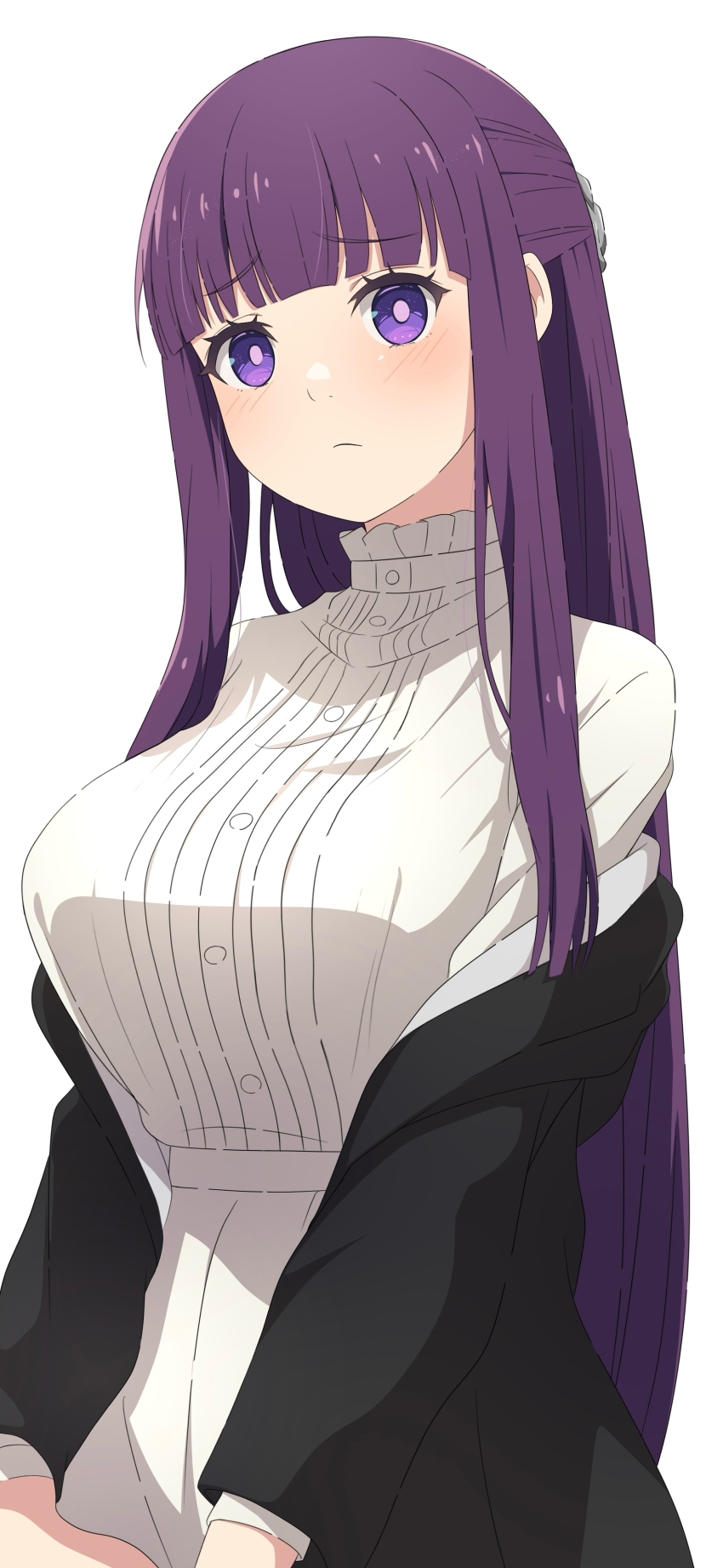 1girl absurdres black_jacket blunt_bangs breasts camui1104 closed_mouth commentary fern_(sousou_no_frieren) highres jacket large_breasts long_hair open_clothes open_jacket purple_eyes purple_hair purple_pupils shirt solo sousou_no_frieren straight_hair turtleneck upper_body white_background white_shirt