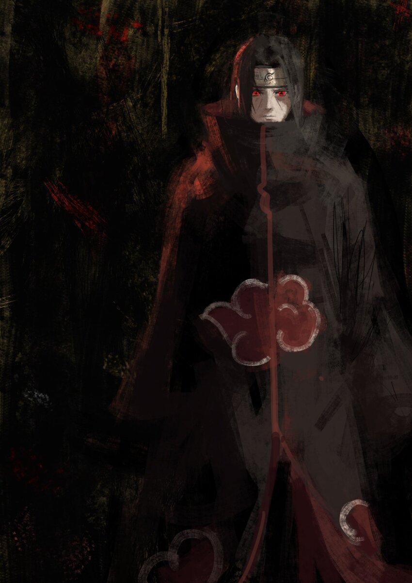 1boy akatsuki_uniform black_hair brown_coat coat expressionless forehead_protector fuyumurasaki highres konohagakure_symbol looking_at_viewer male_focus multicolored_coat naruto_(series) red_eyes solo uchiha_itachi